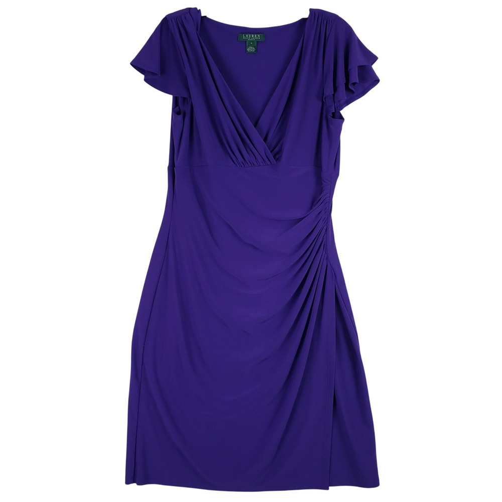 Lauren Ralph Lauren Wrap Sheath Dress Womens 14 Purple‎ Ruched Flutter Sleeve